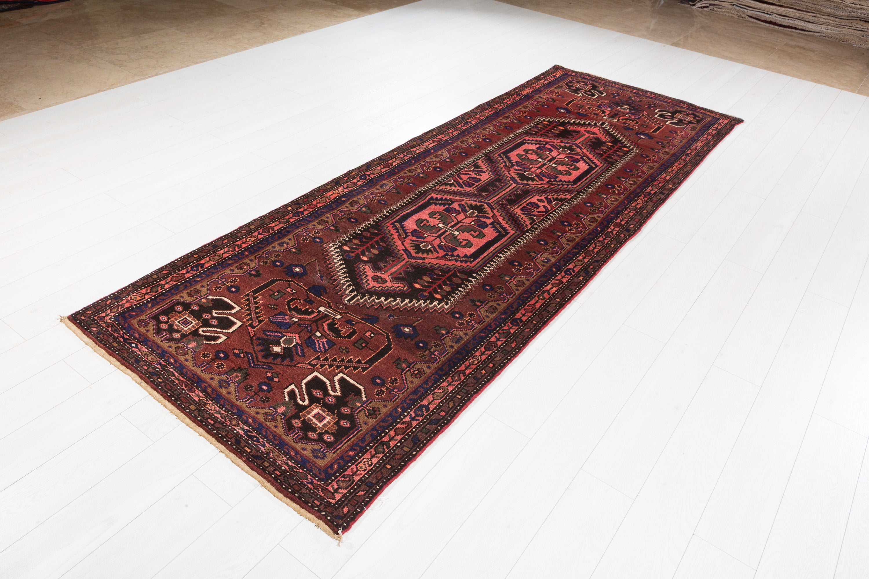 Hand-Knotted Vintage Wool Rust Red & Navy Zanjan Runner, 10 ft Long – 10' 4" x 3' 9" (315 x 114 cm)