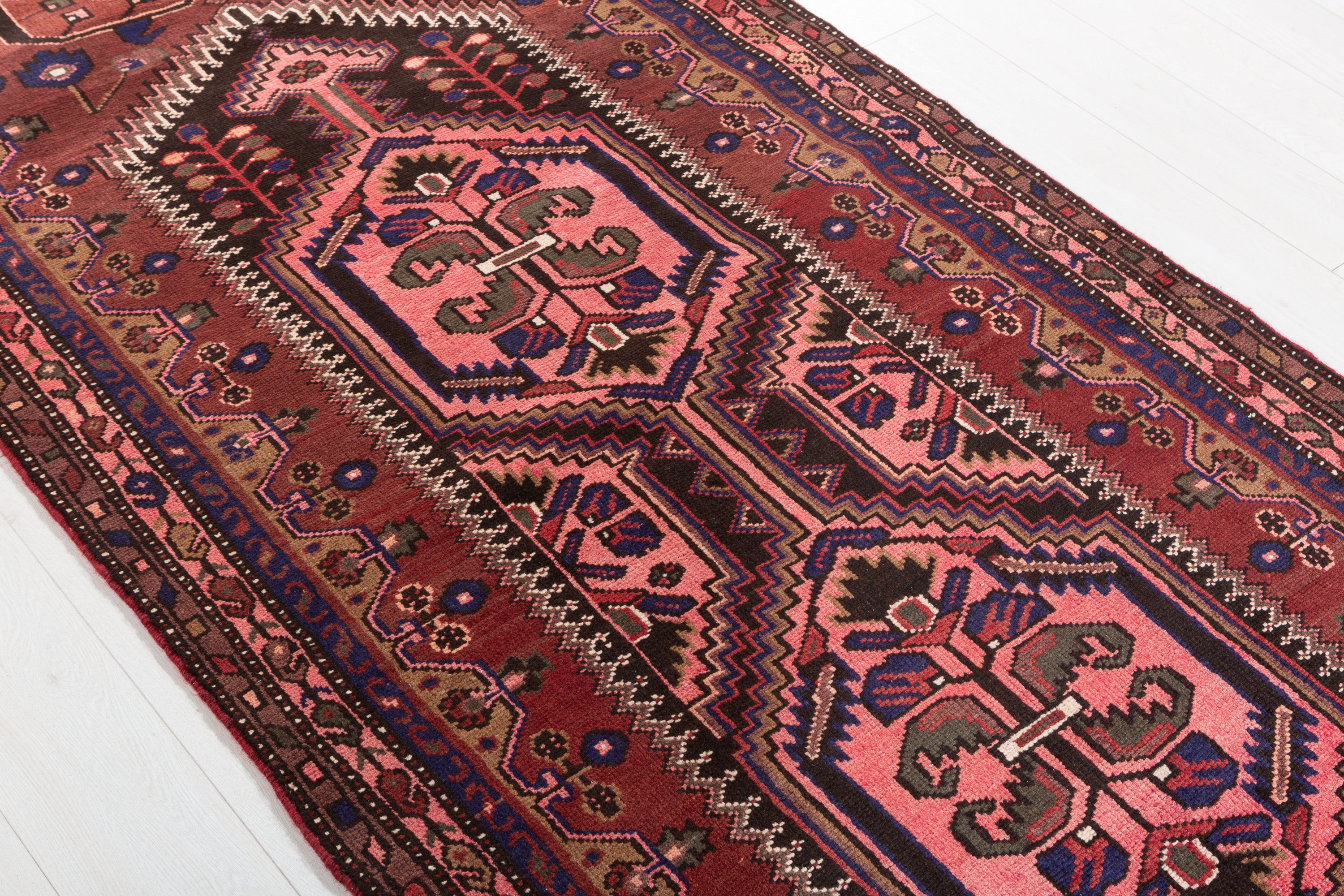 Hand-Knotted Vintage Wool Rust Red & Navy Zanjan Runner, 10 ft Long – 10' 4" x 3' 9" (315 x 114 cm)