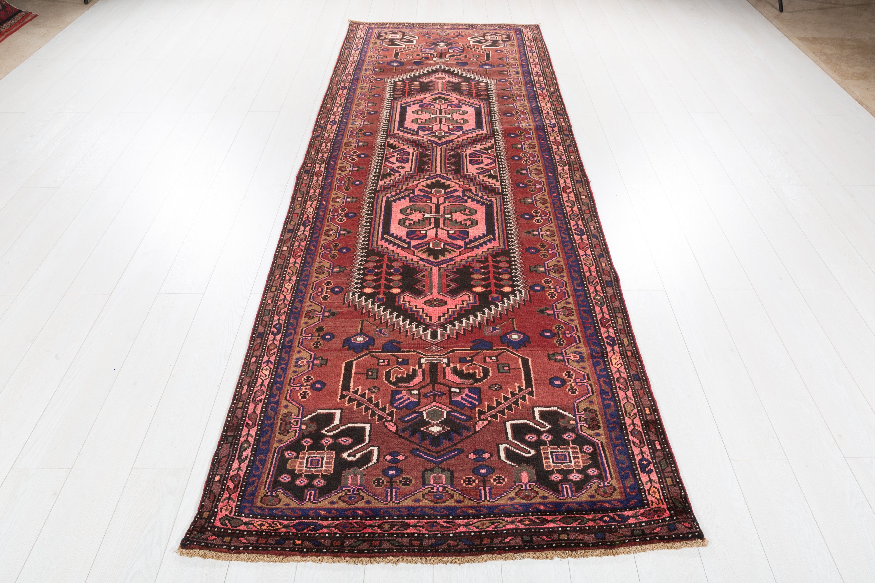 Hand-Knotted Vintage Wool Rust Red & Navy Zanjan Runner, 10 ft Long – 10' 4" x 3' 9" (315 x 114 cm)