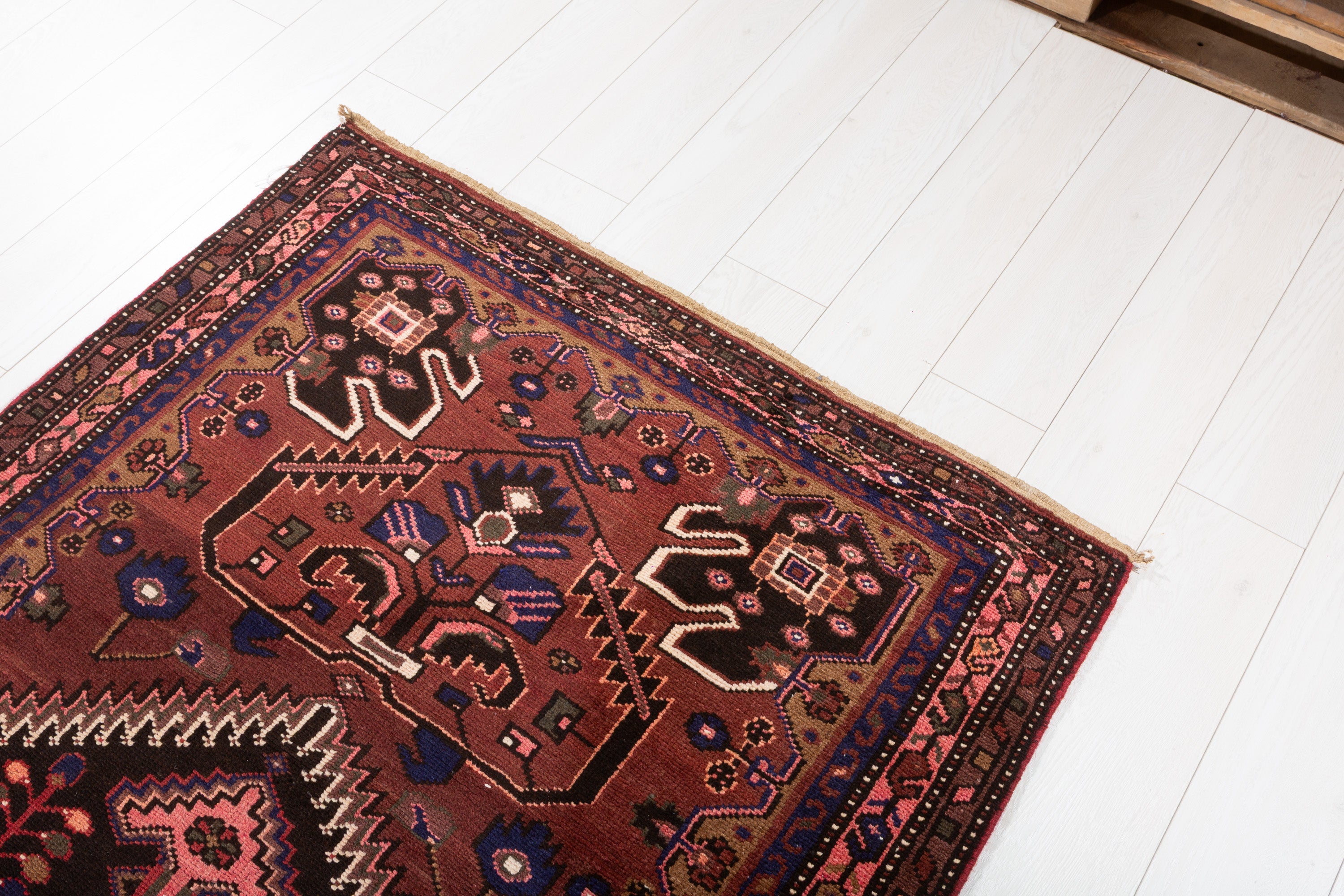 Hand-Knotted Vintage Wool Rust Red & Navy Zanjan Runner, 10 ft Long – 10' 4" x 3' 9" (315 x 114 cm)