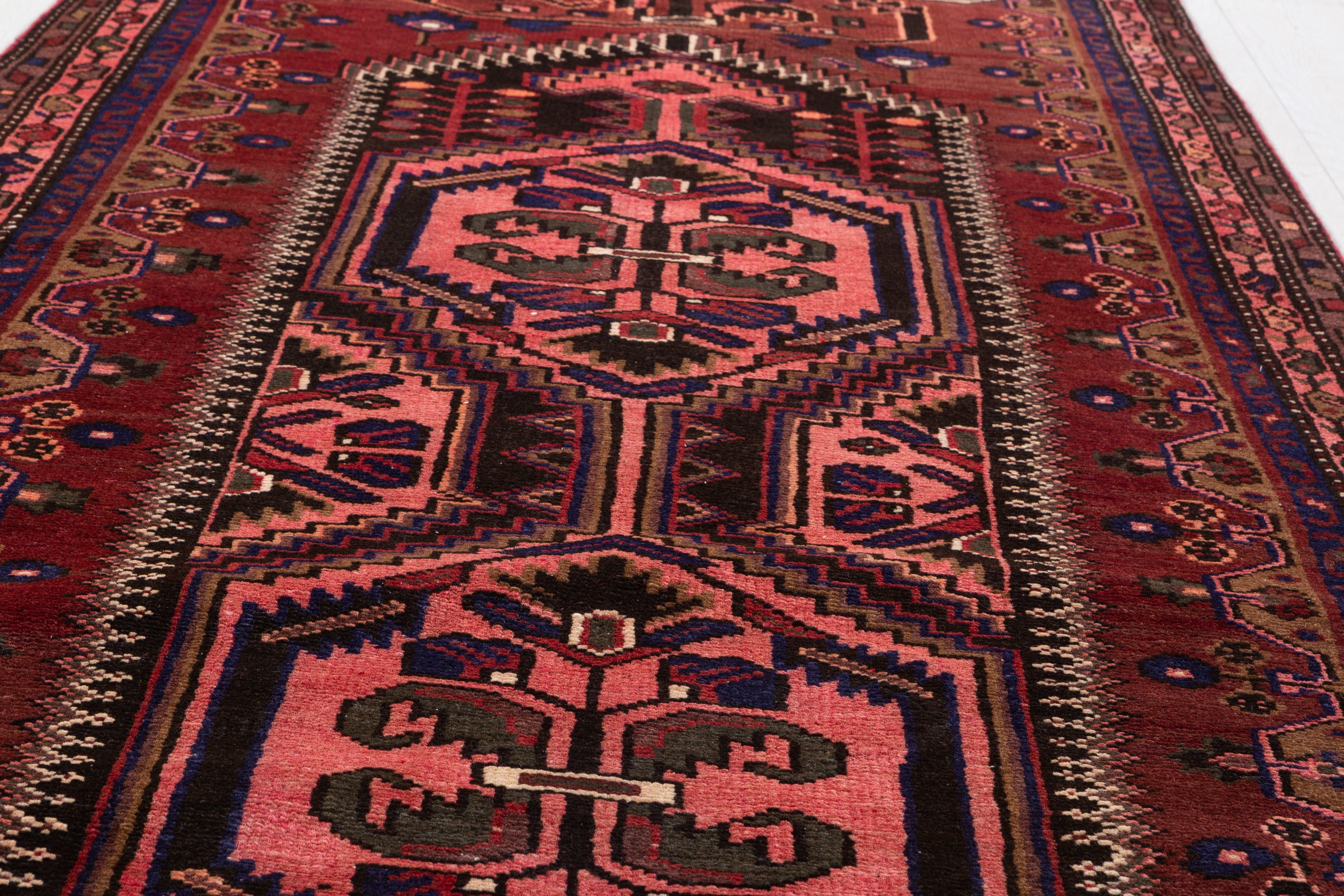 Hand-Knotted Vintage Wool Rust Red & Navy Zanjan Runner, 10 ft Long – 10' 4" x 3' 9" (315 x 114 cm)
