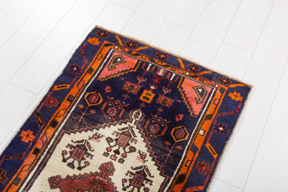 Small Vintage Navy Blue, Orange & Beige Rug – 4' 6" x 2' 5" (136 x 73 cm)