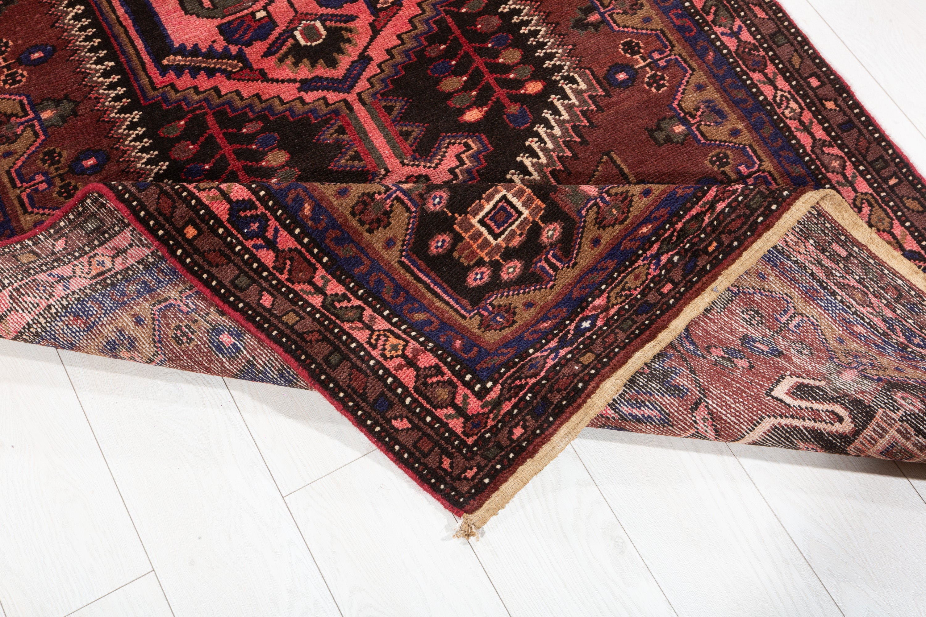 Hand-Knotted Vintage Wool Rust Red & Navy Zanjan Runner, 10 ft Long – 10' 4" x 3' 9" (315 x 114 cm)