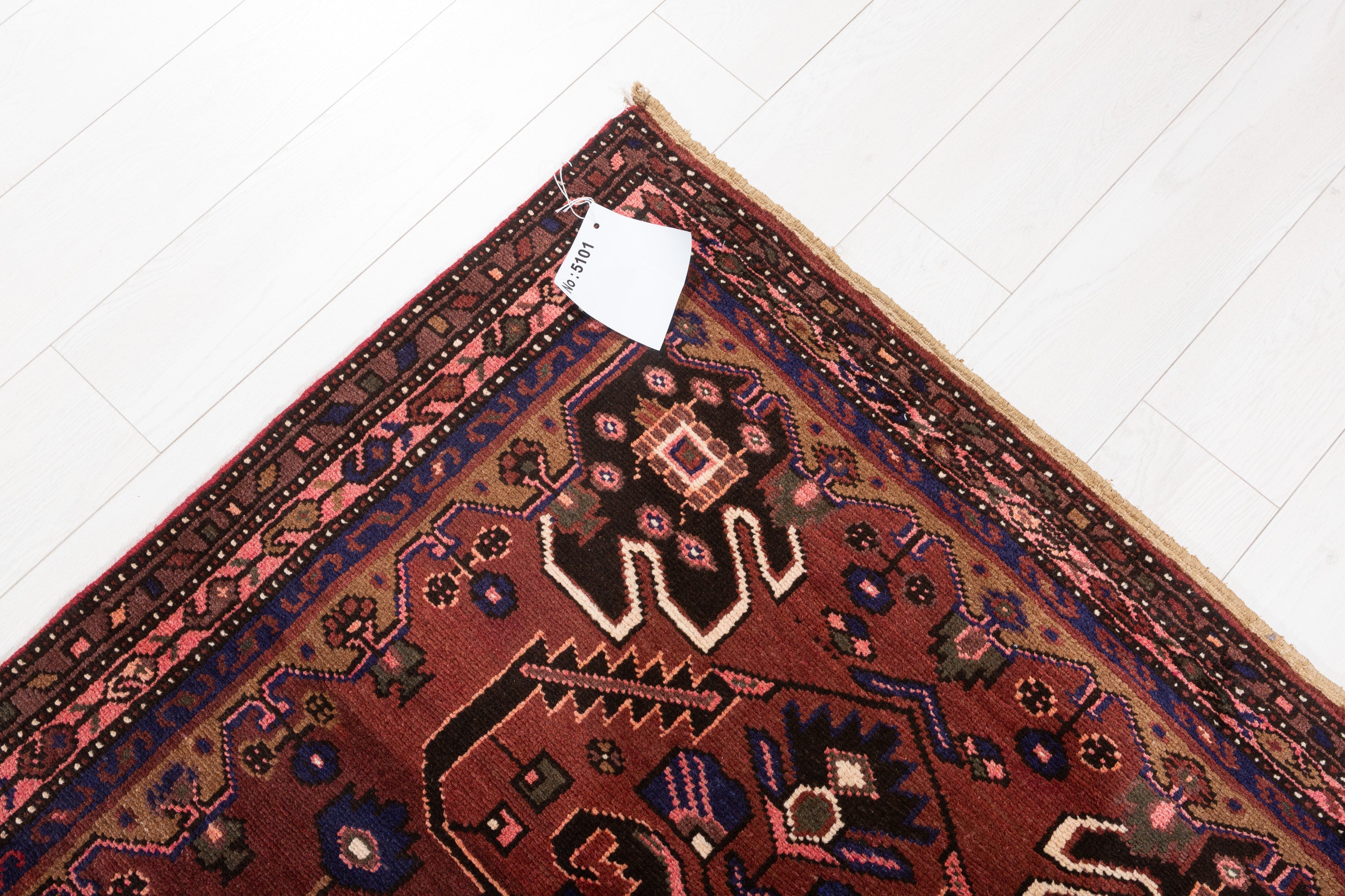 Hand-Knotted Vintage Wool Rust Red & Navy Zanjan Runner, 10 ft Long – 10' 4" x 3' 9" (315 x 114 cm)