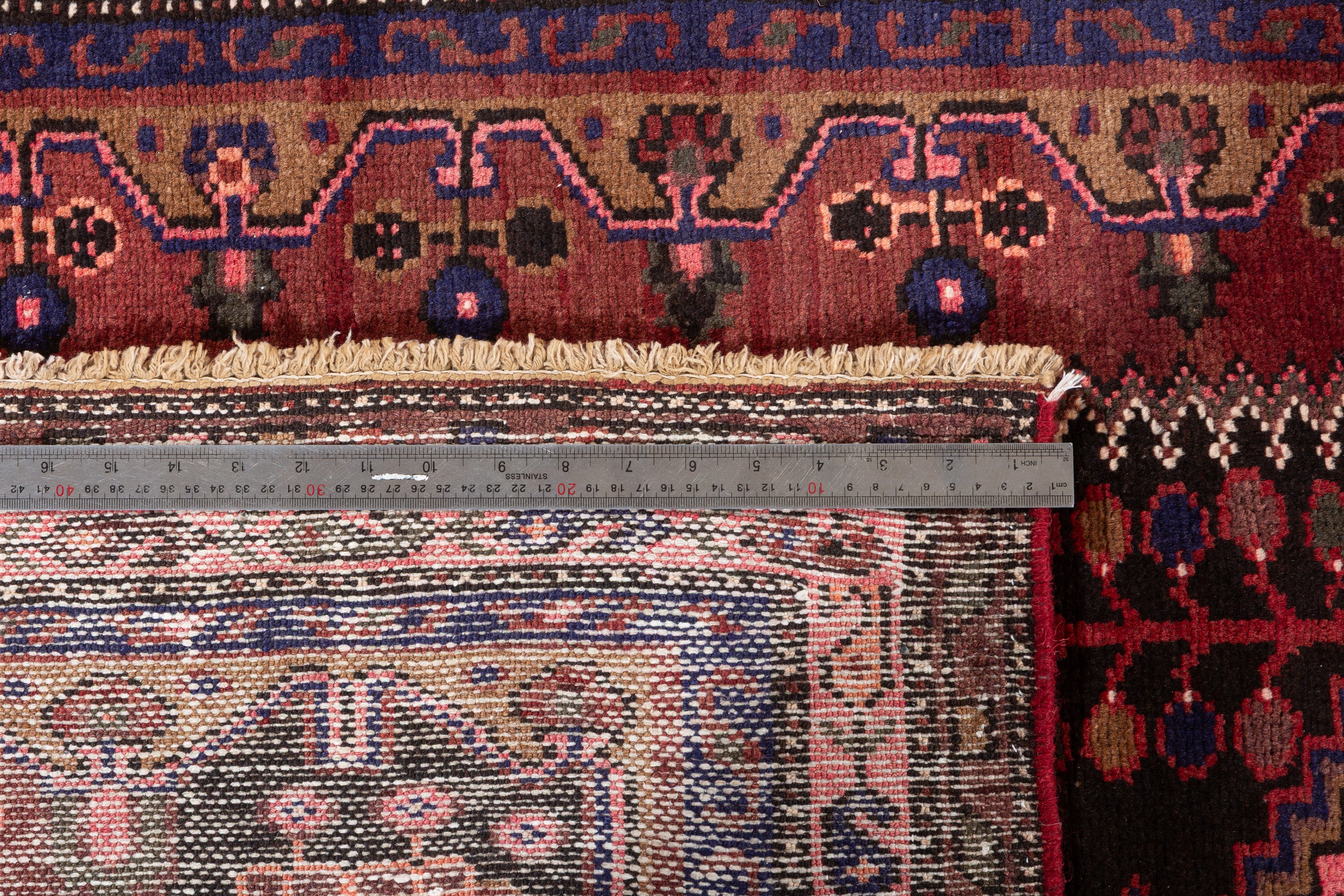 Hand-Knotted Vintage Wool Rust Red & Navy Zanjan Runner, 10 ft Long – 10' 4" x 3' 9" (315 x 114 cm)
