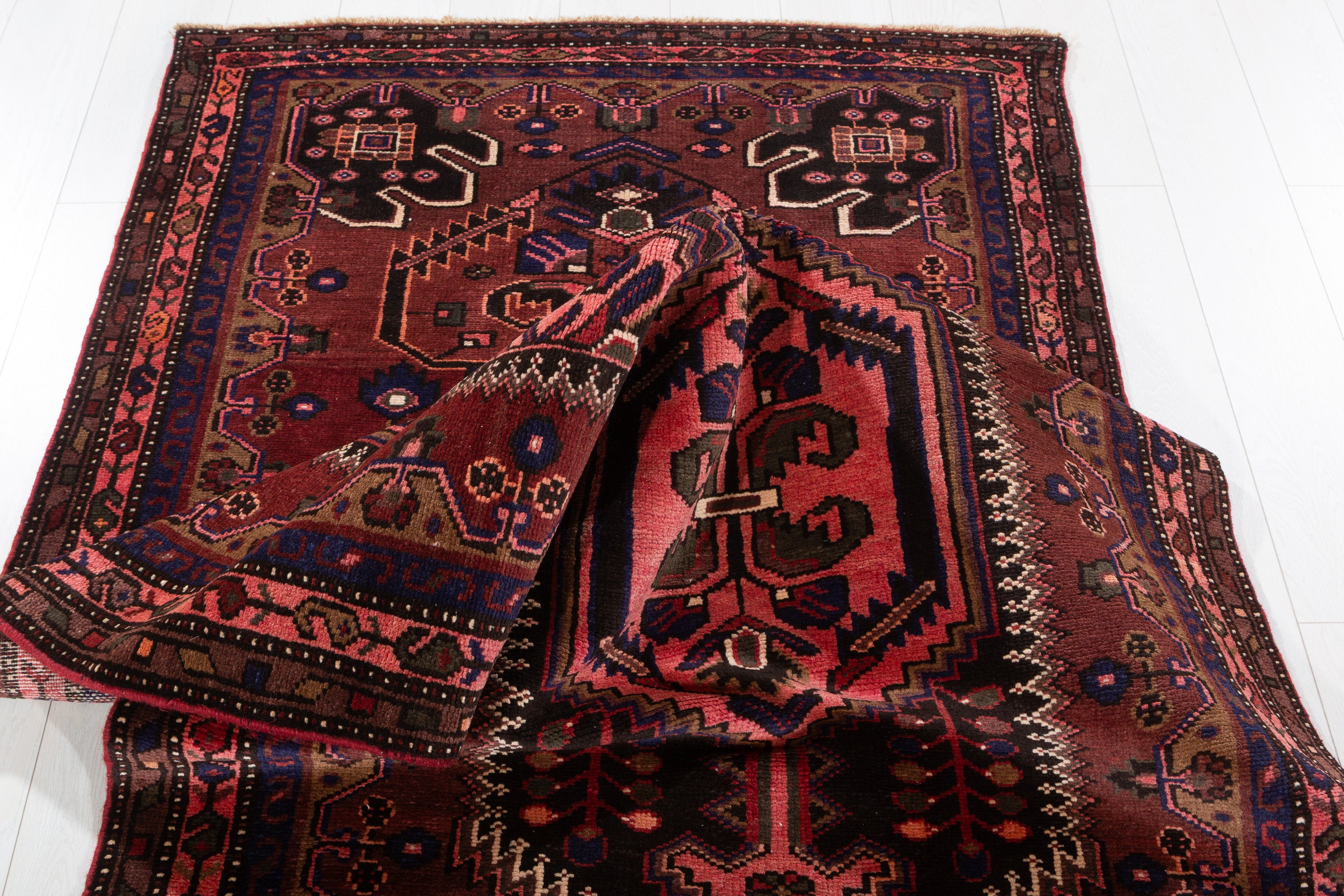 Hand-Knotted Vintage Wool Rust Red & Navy Zanjan Runner, 10 ft Long – 10' 4" x 3' 9" (315 x 114 cm)