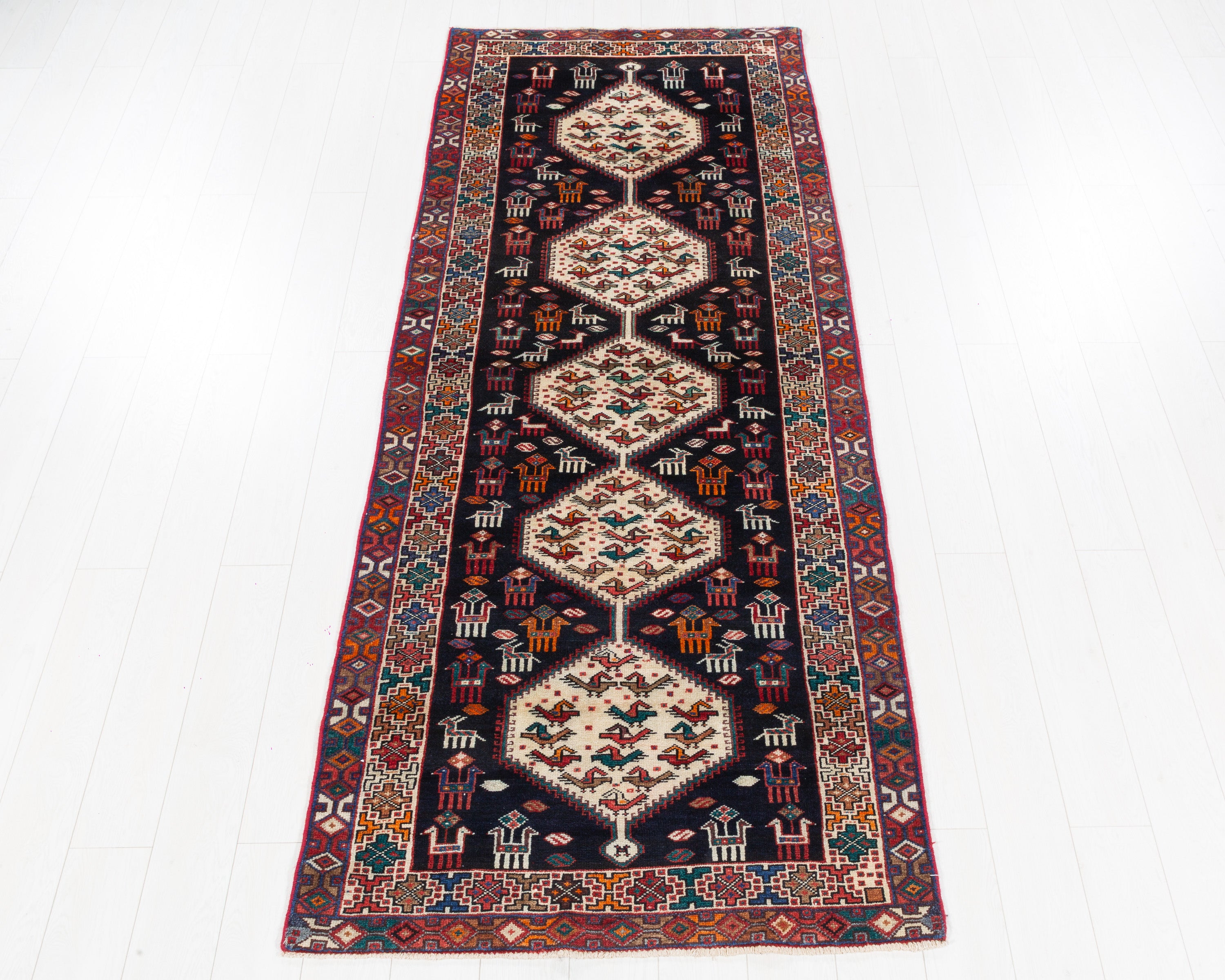 Hand-Knotted Vintage Wool Navy & Ivory Azerbaijan Runner, 9 ft Long – 9' 1" x 3' 7" (278 x 109 cm)