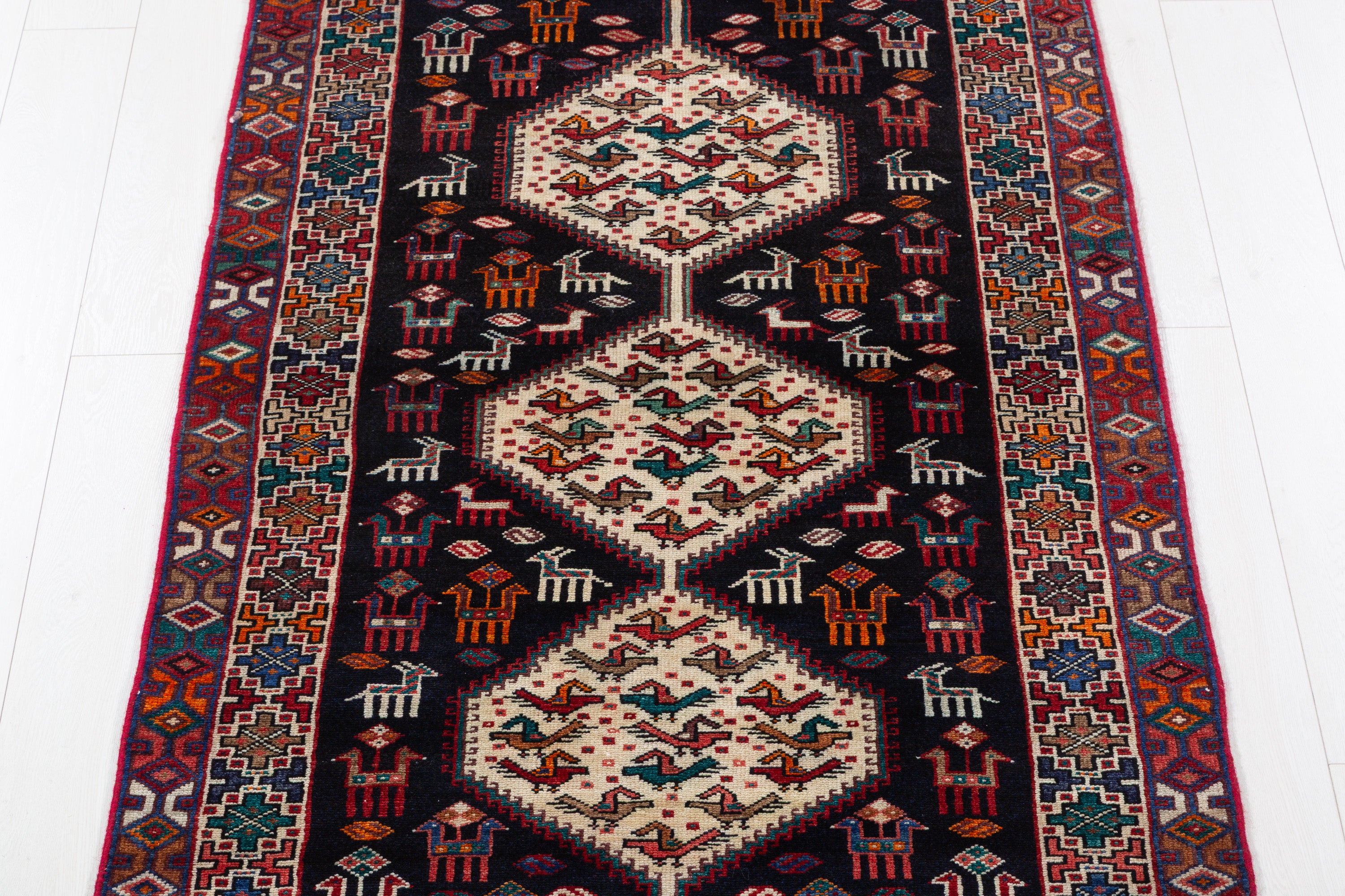Hand-Knotted Vintage Wool Navy & Ivory Azerbaijan Runner, 9 ft Long – 9' 1" x 3' 7" (278 x 109 cm)