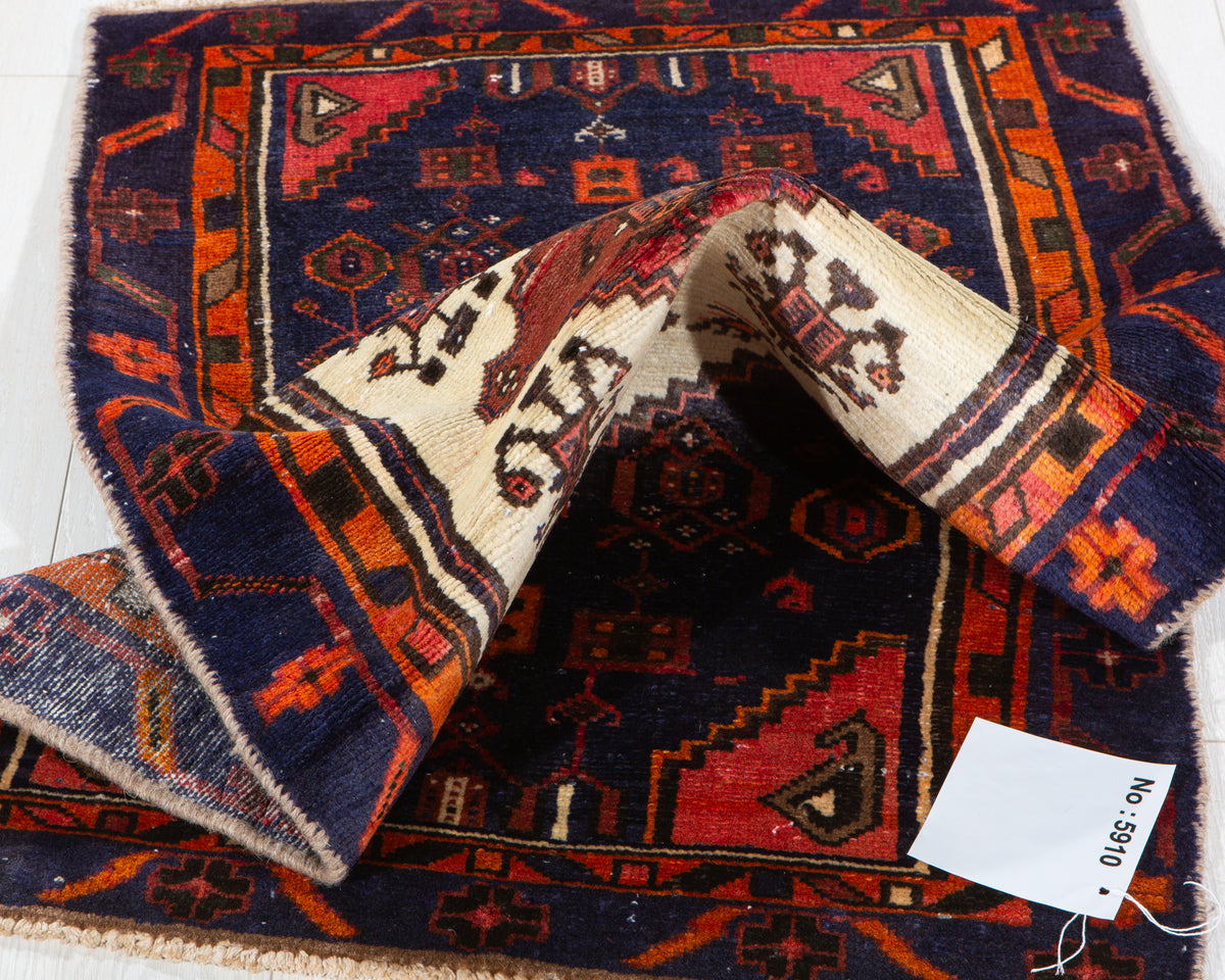 Small Vintage Navy Blue, Orange & Beige Rug – 4' 6" x 2' 5" (136 x 73 cm)