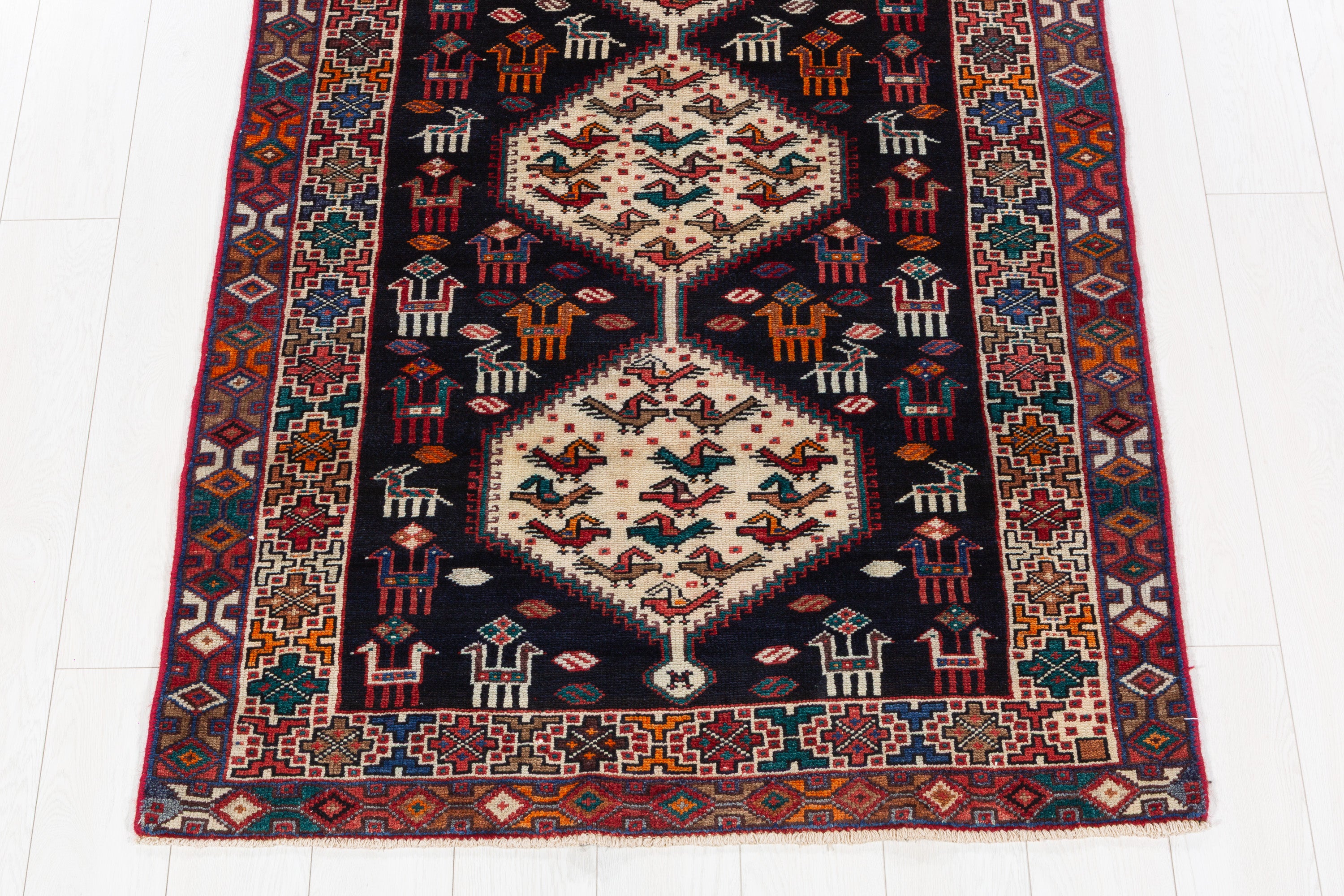 Hand-Knotted Vintage Wool Navy & Ivory Azerbaijan Runner, 9 ft Long – 9' 1" x 3' 7" (278 x 109 cm)