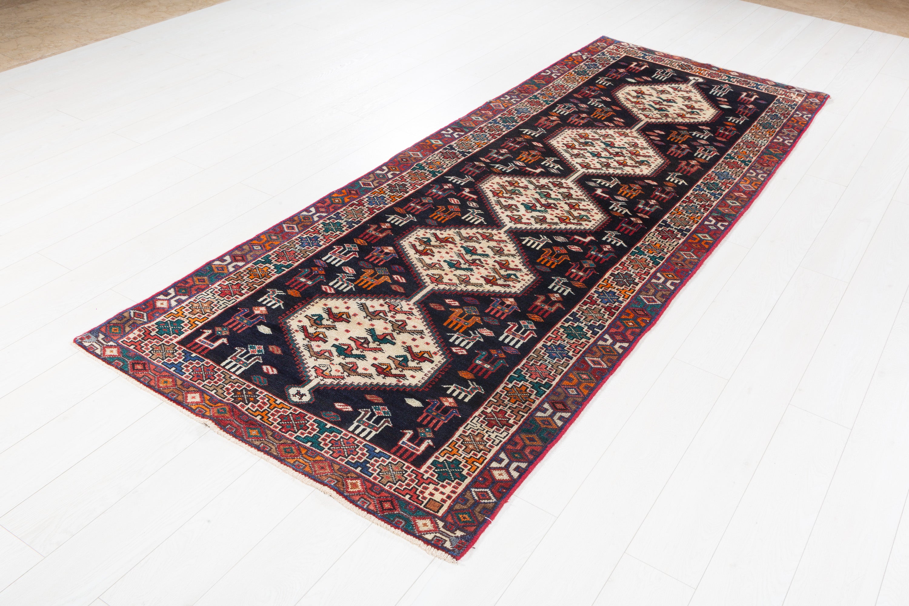Hand-Knotted Vintage Wool Navy & Ivory Azerbaijan Runner, 9 ft Long – 9' 1" x 3' 7" (278 x 109 cm)