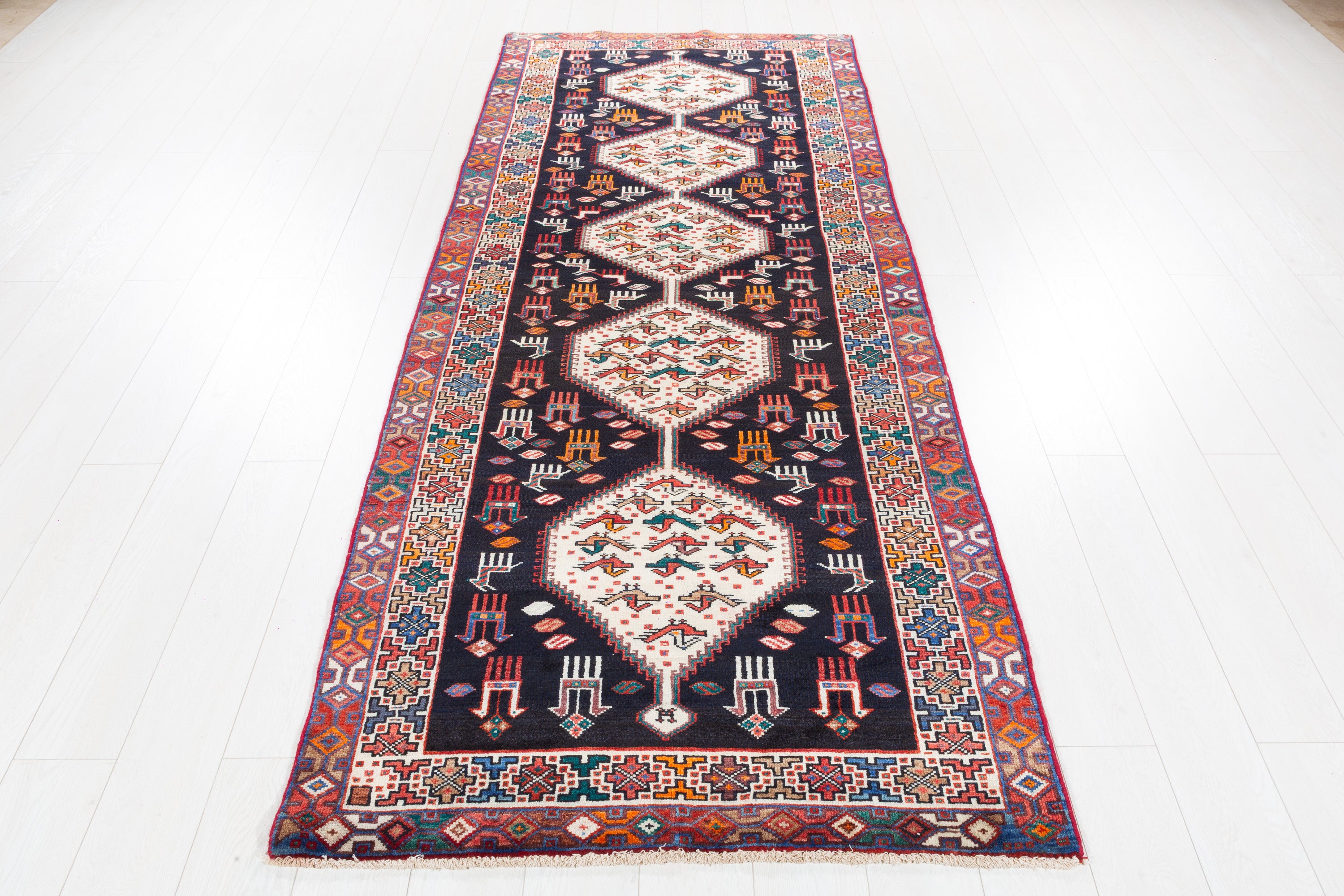 Hand-Knotted Vintage Wool Navy & Ivory Azerbaijan Runner, 9 ft Long – 9' 1" x 3' 7" (278 x 109 cm)