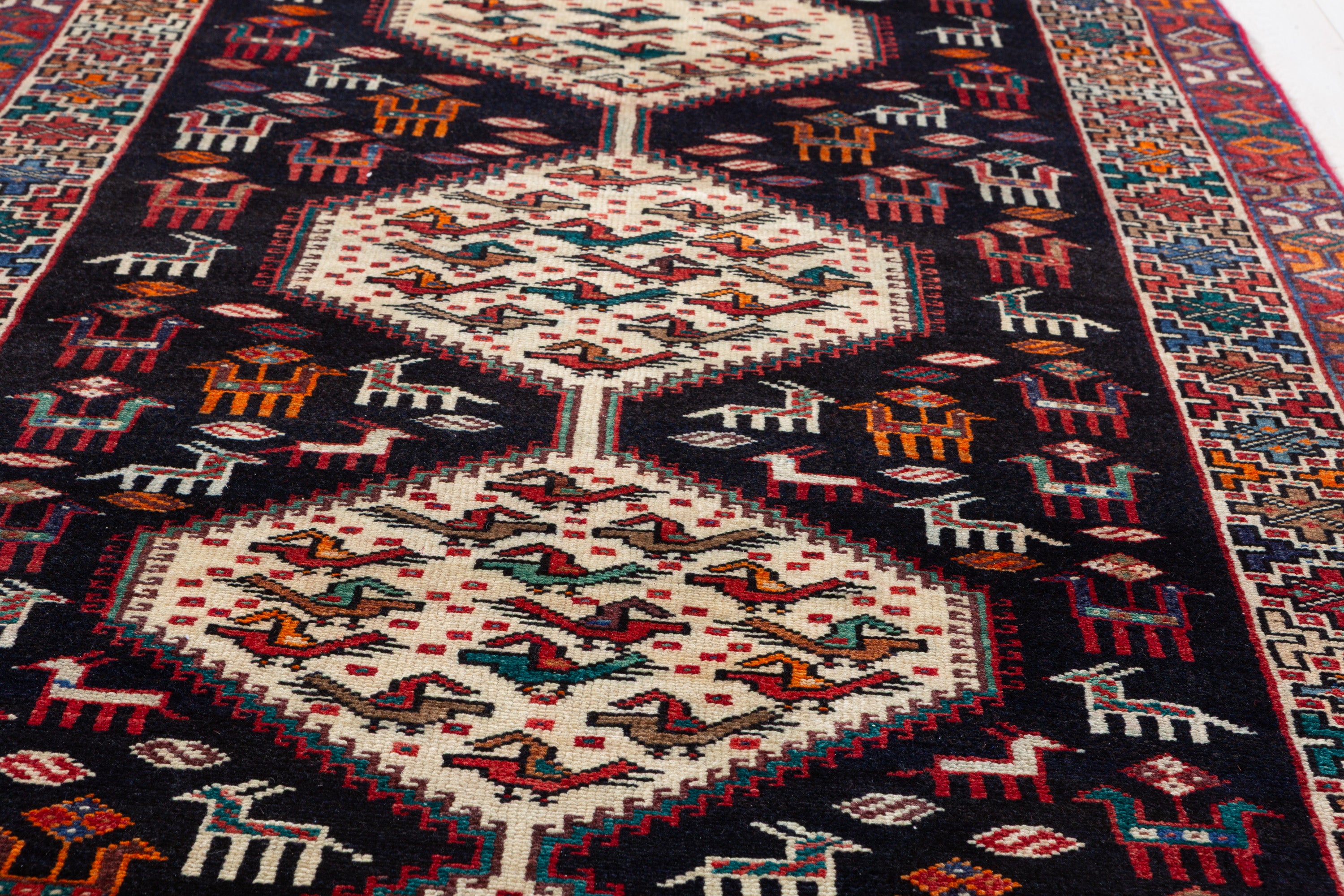 Hand-Knotted Vintage Wool Navy & Ivory Azerbaijan Runner, 9 ft Long – 9' 1" x 3' 7" (278 x 109 cm)