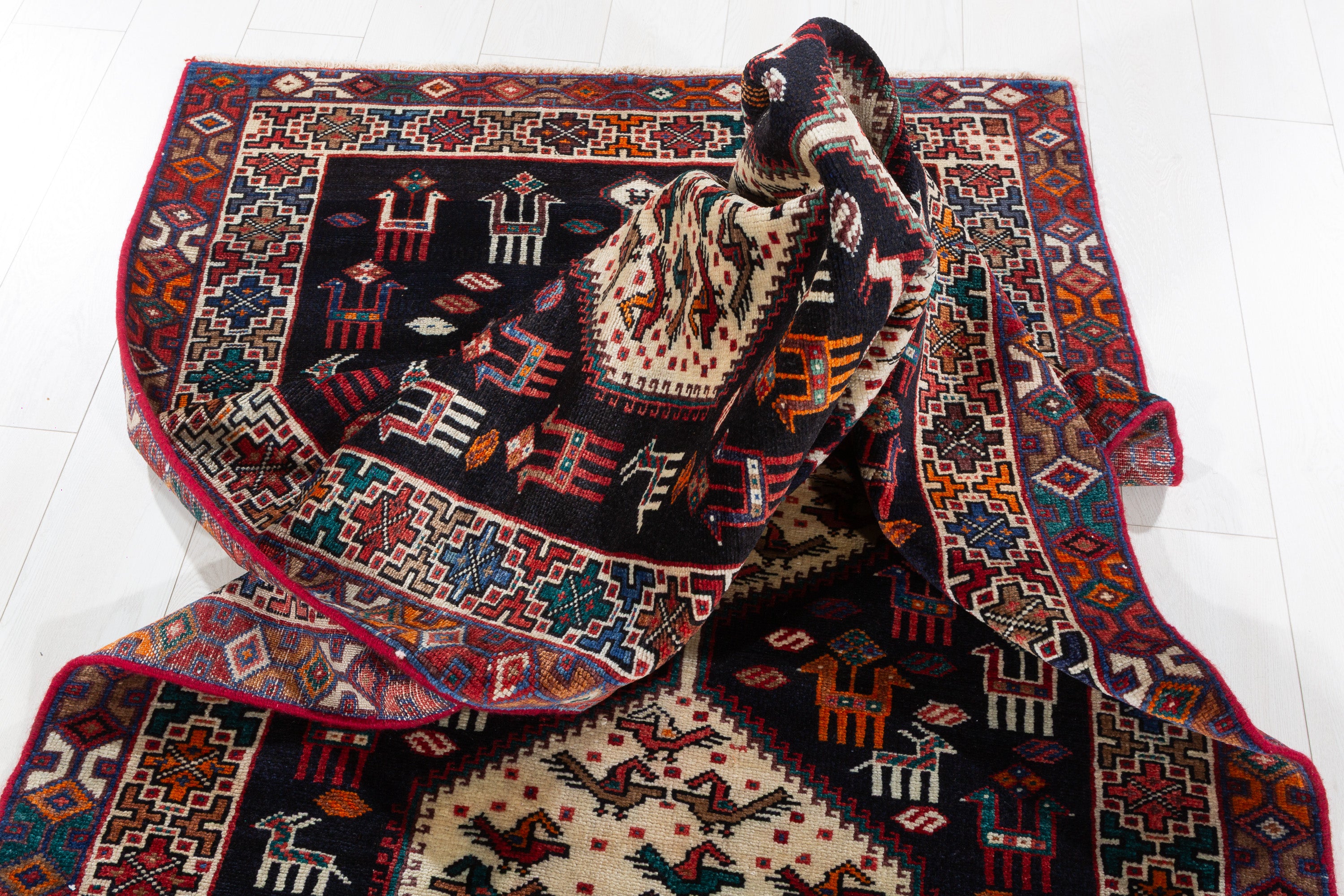 Hand-Knotted Vintage Wool Navy & Ivory Azerbaijan Runner, 9 ft Long – 9' 1" x 3' 7" (278 x 109 cm)