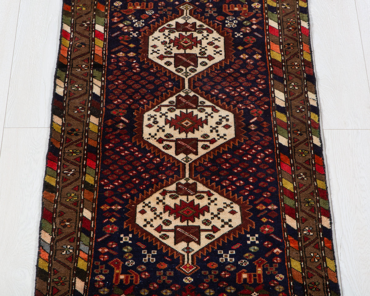 Small Vintage Navy Blue & Brown Rug – 4' 1" x 2' 5" (125 x 74 cm)