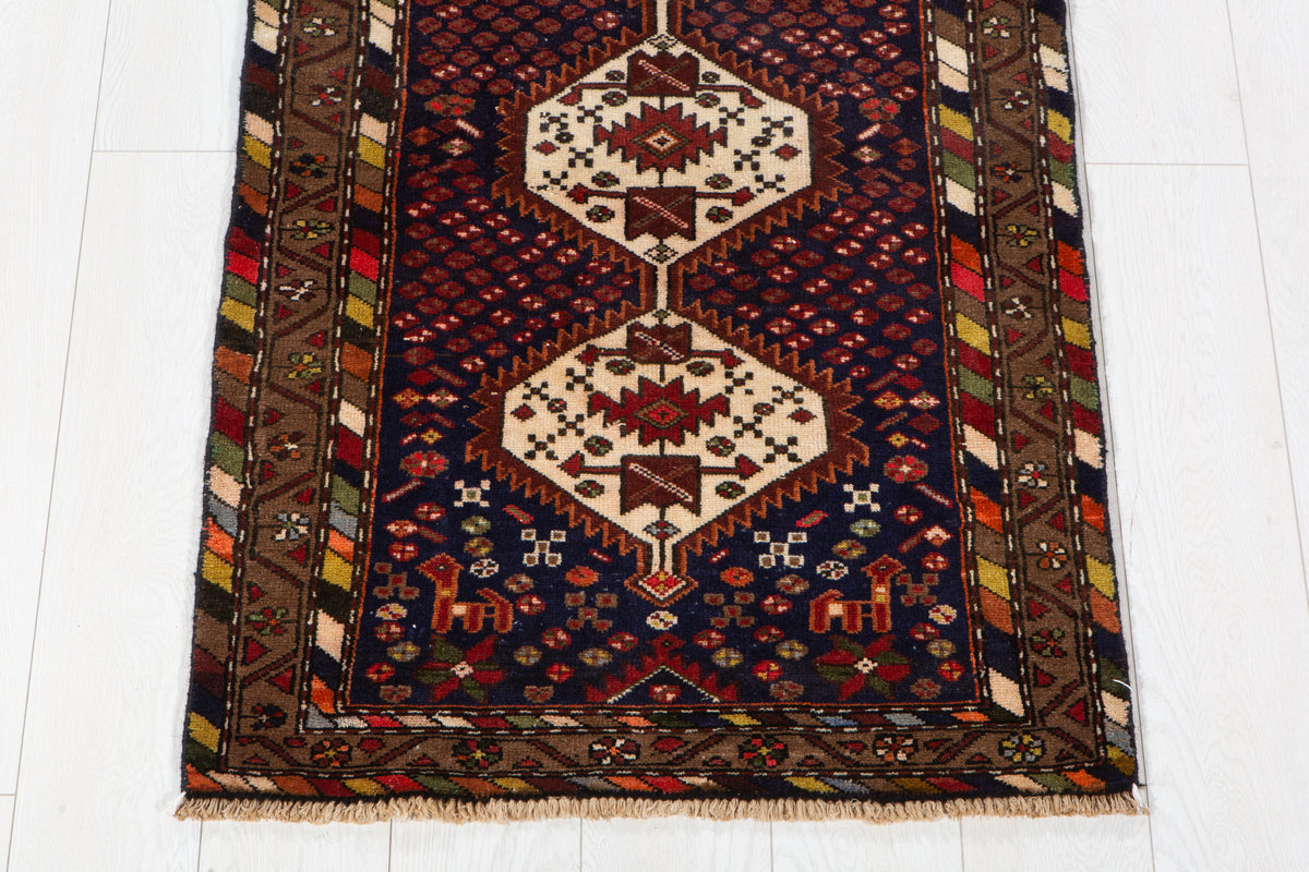 Small Vintage Navy Blue & Brown Rug – 4' 1" x 2' 5" (125 x 74 cm)