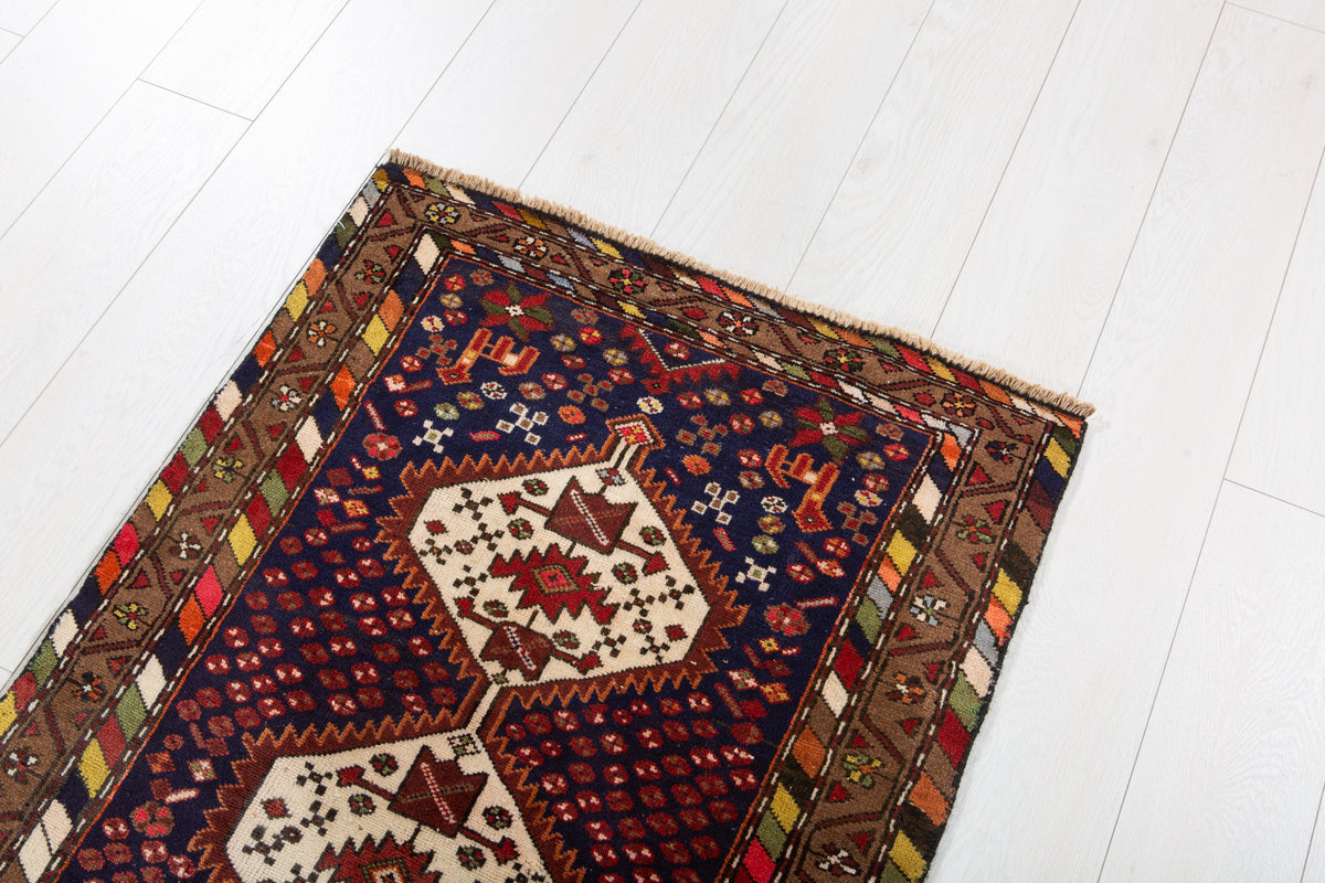 Small Vintage Navy Blue & Brown Rug – 4' 1" x 2' 5" (125 x 74 cm)
