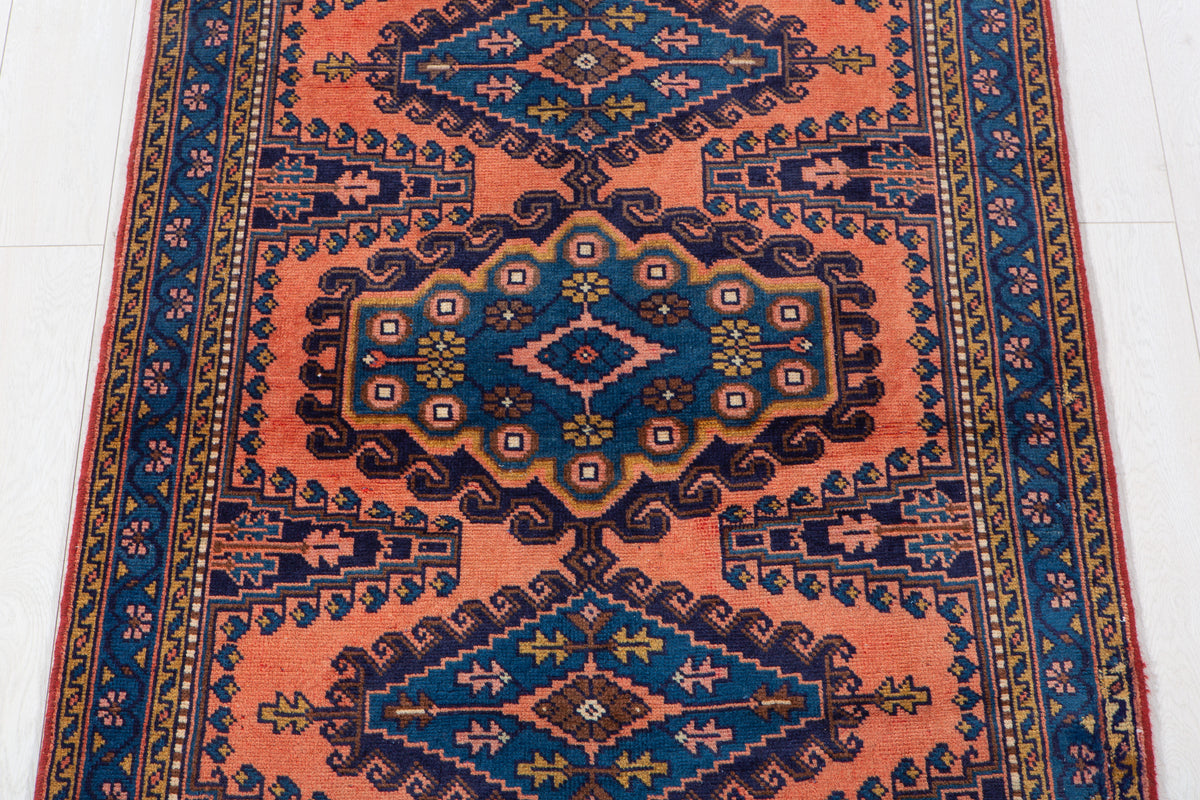 Small Vintage Orange-Red & Blue Rug – 5' 0" x 3' 5" (153 x 104 cm)