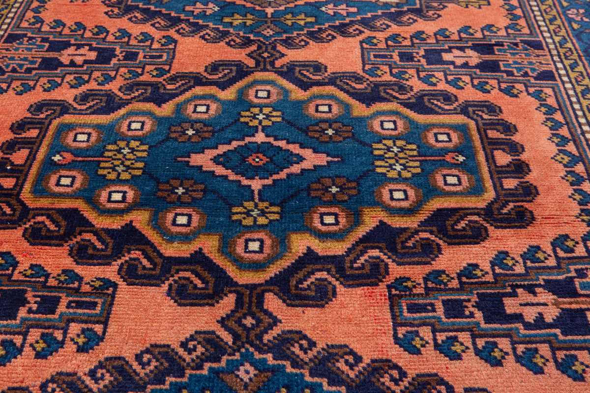 Small Vintage Orange-Red & Blue Rug – 5' 0" x 3' 5" (153 x 104 cm)