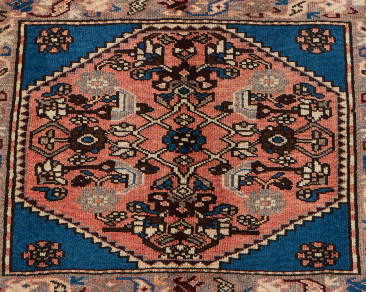 Small Vintage Red, Blue Rug – 2' 6" x 2' 0" (77 x 61 cm)