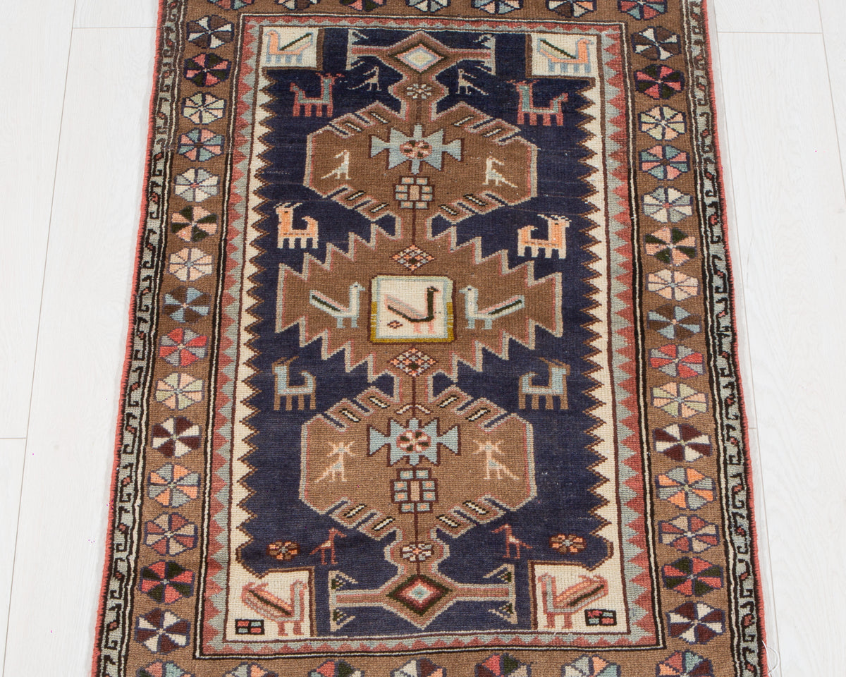 Small Vintage Navy Blue, Brown Rug – 3' 7" x 2' 6" (109 x 75 cm)
