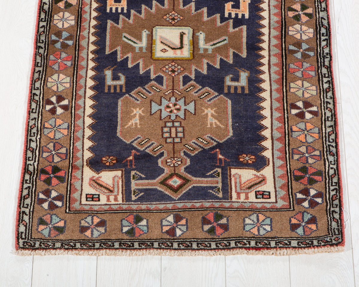 Small Vintage Navy Blue, Brown Rug – 3' 7" x 2' 6" (109 x 75 cm)