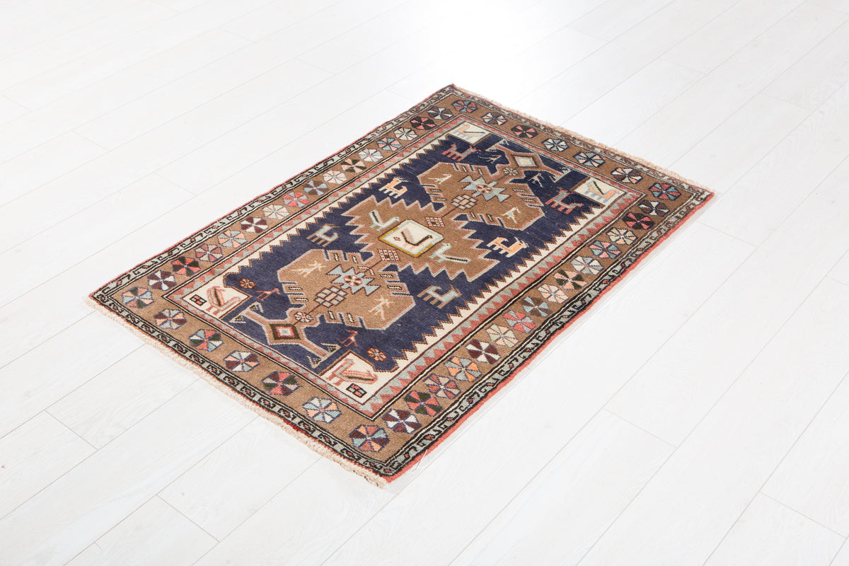 Small Vintage Navy Blue, Brown Rug – 3' 7" x 2' 6" (109 x 75 cm)