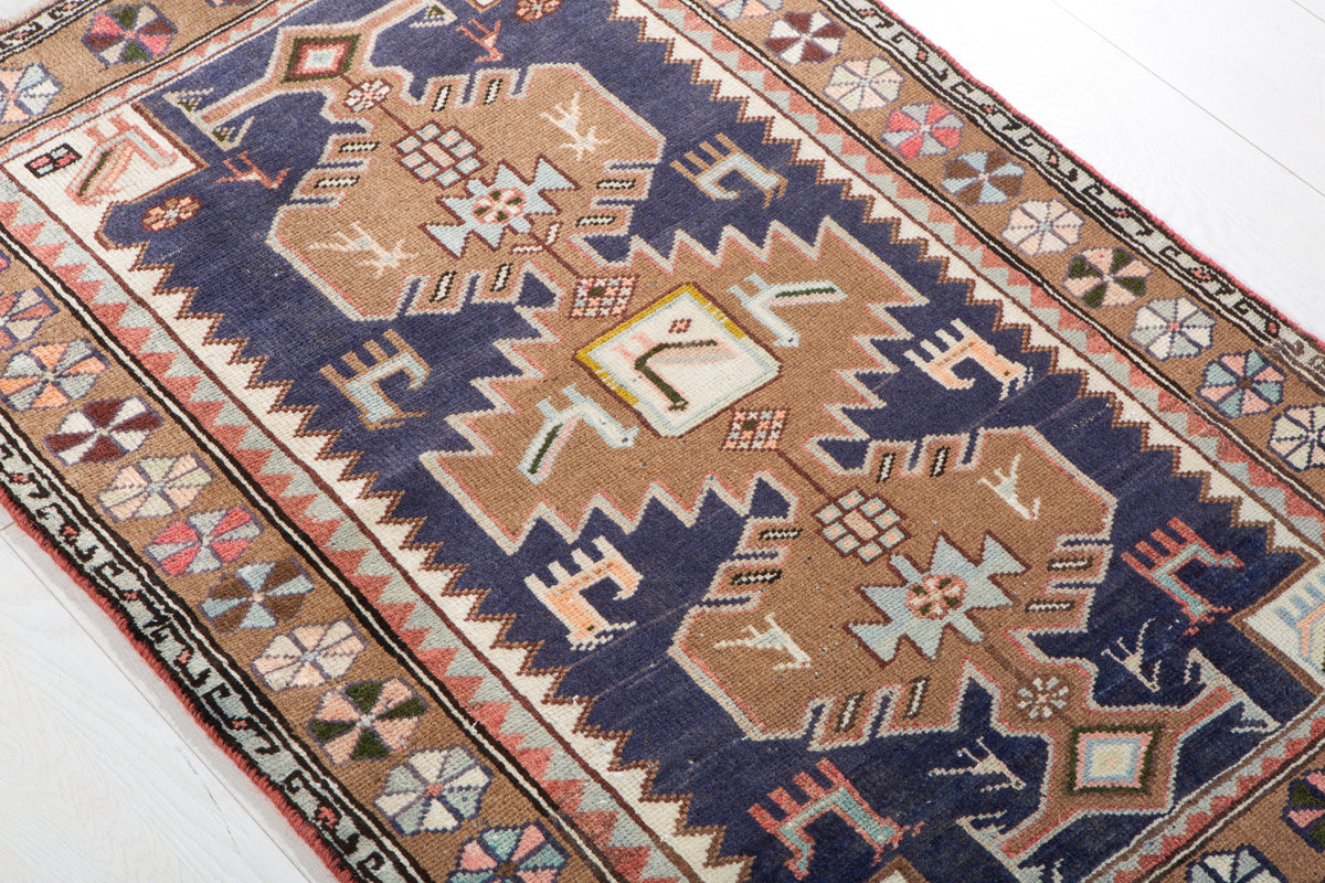 Small Vintage Navy Blue, Brown Rug – 3' 7" x 2' 6" (109 x 75 cm)