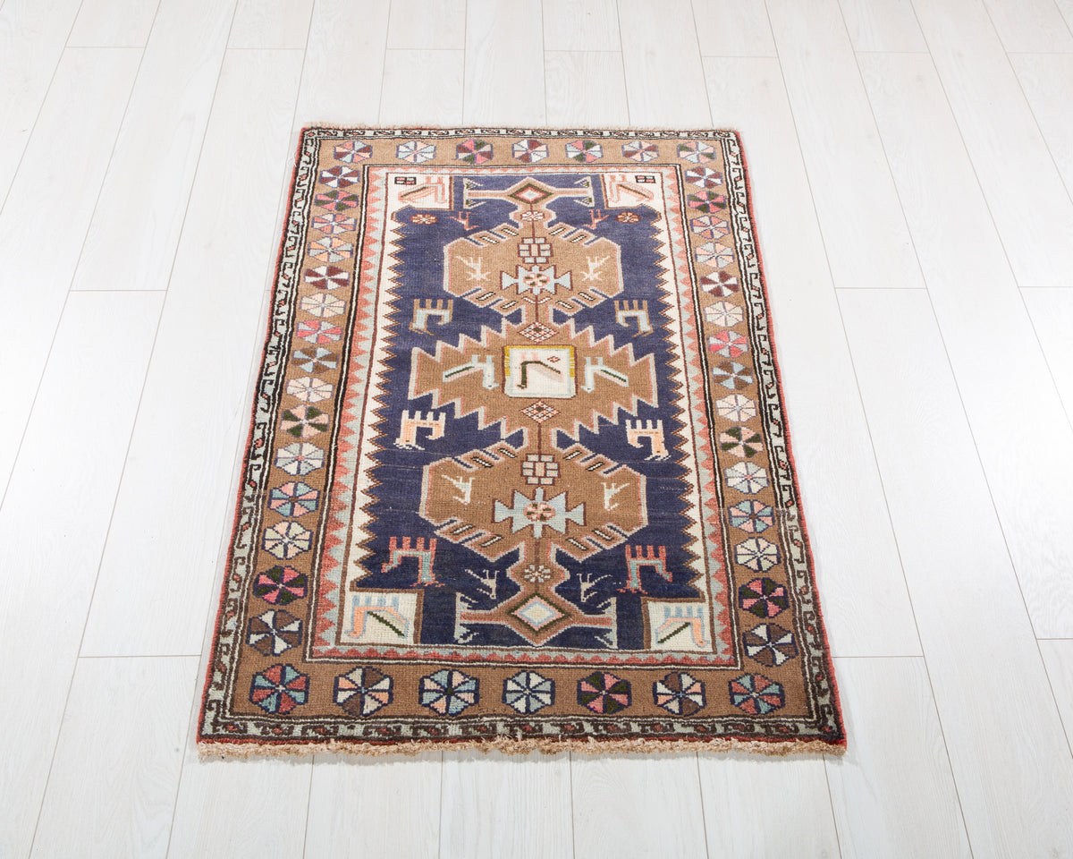 Small Vintage Navy Blue, Brown Rug – 3' 7" x 2' 6" (109 x 75 cm)