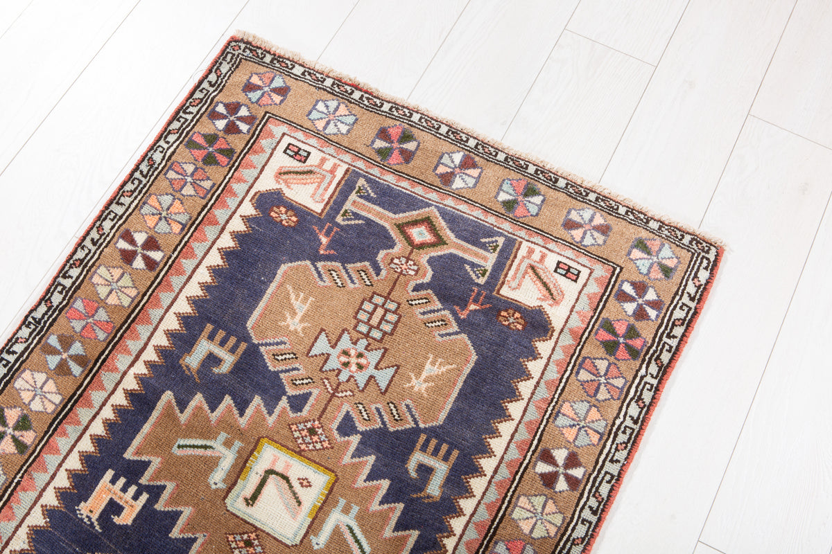Small Vintage Navy Blue, Brown Rug – 3' 7" x 2' 6" (109 x 75 cm)