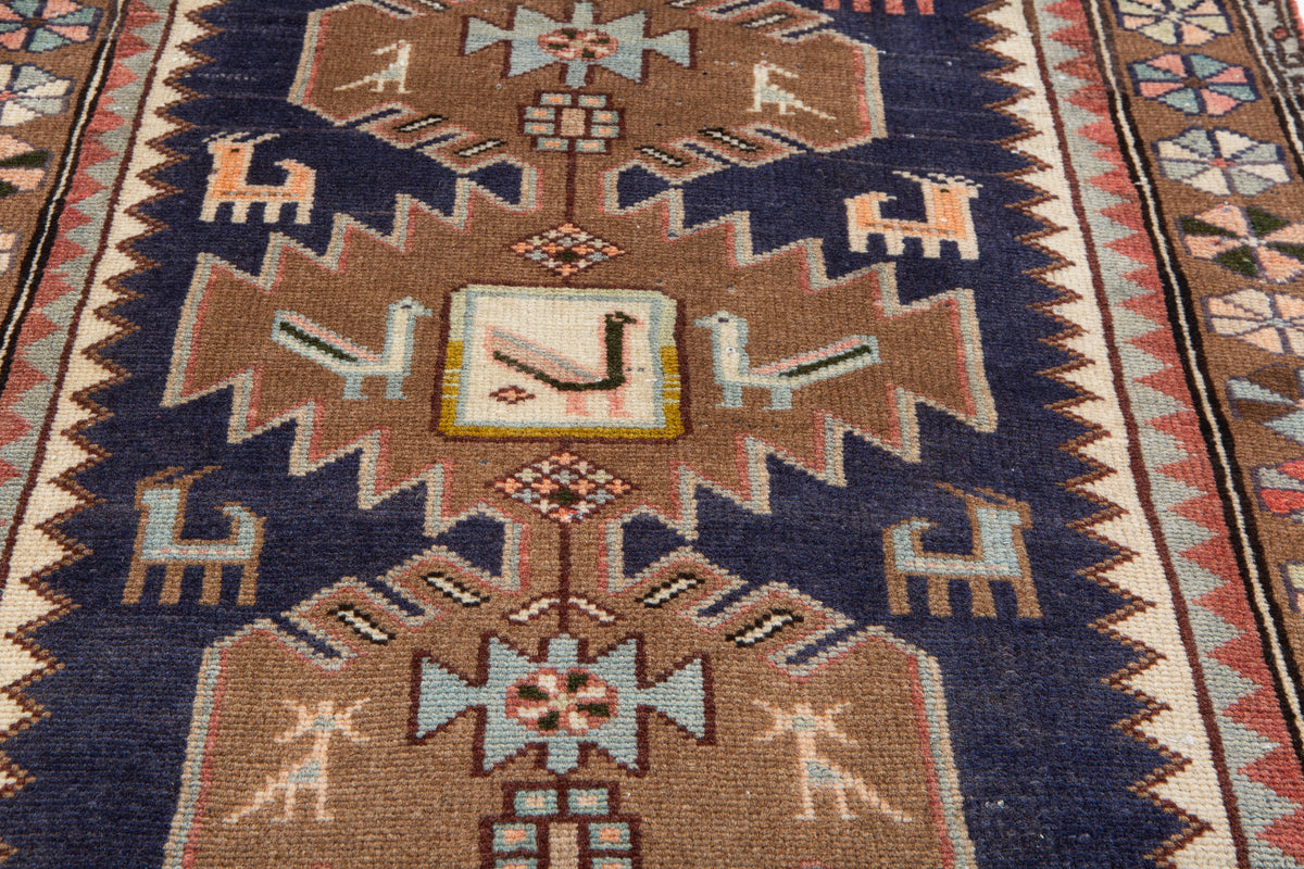 Small Vintage Navy Blue, Brown Rug – 3' 7" x 2' 6" (109 x 75 cm)