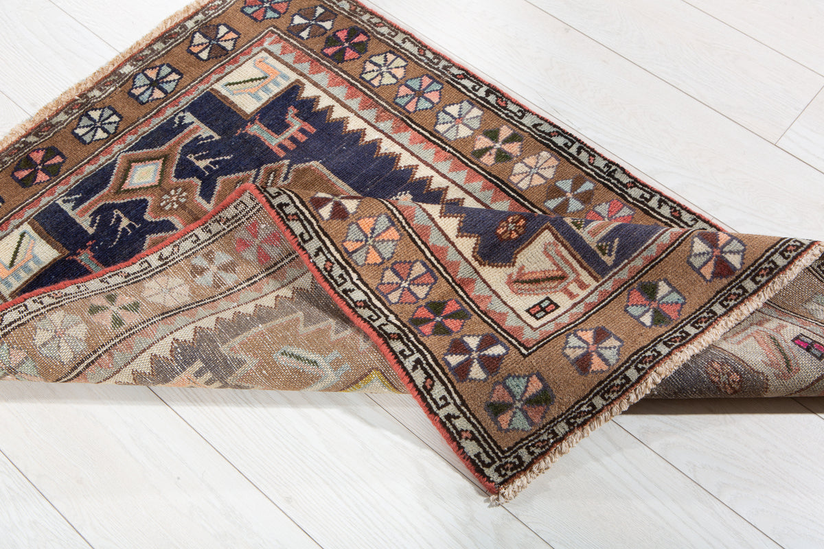 Small Vintage Navy Blue, Brown Rug – 3' 7" x 2' 6" (109 x 75 cm)