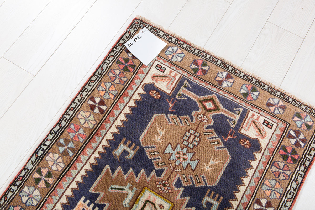 Small Vintage Navy Blue, Brown Rug – 3' 7" x 2' 6" (109 x 75 cm)