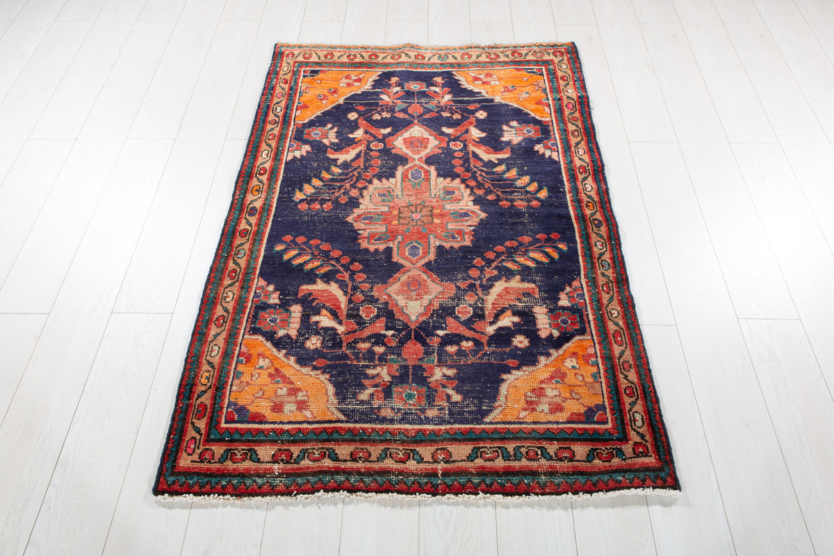 Small Antique Navy Blue, Orange Rug – 4' 9" x 3' 3" (146 x 100 cm)