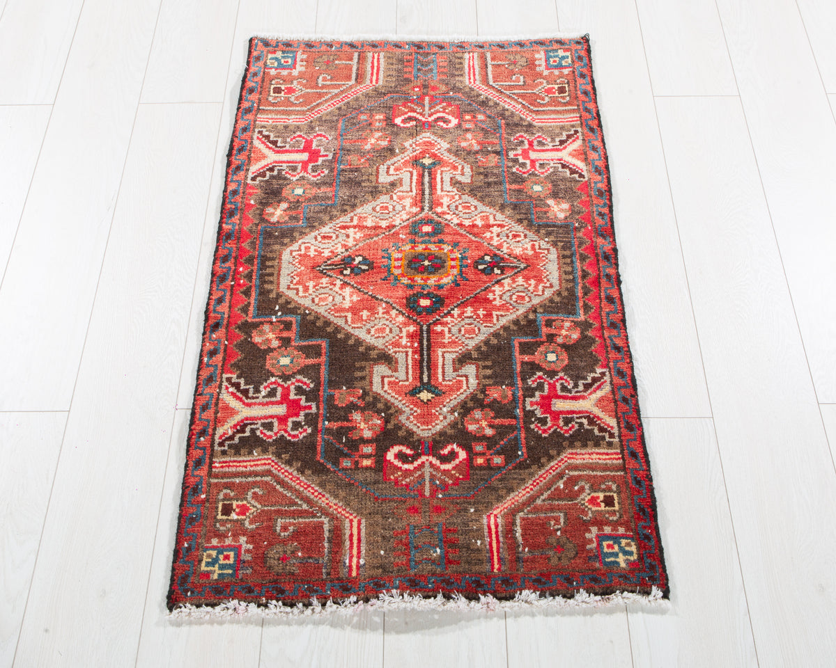 Small Antique Charcoal Black, Rust Red Rug – 3' 4" x 2' 0" (101 x 60 cm)