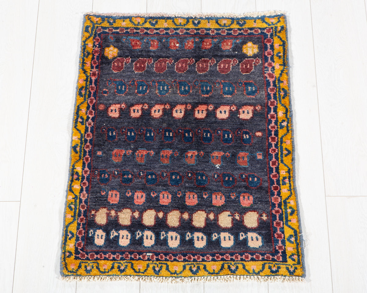 Small Vintage Navy Blue, Yellow Rug – 2' 5" x 1' 10" (73 x 55 cm)