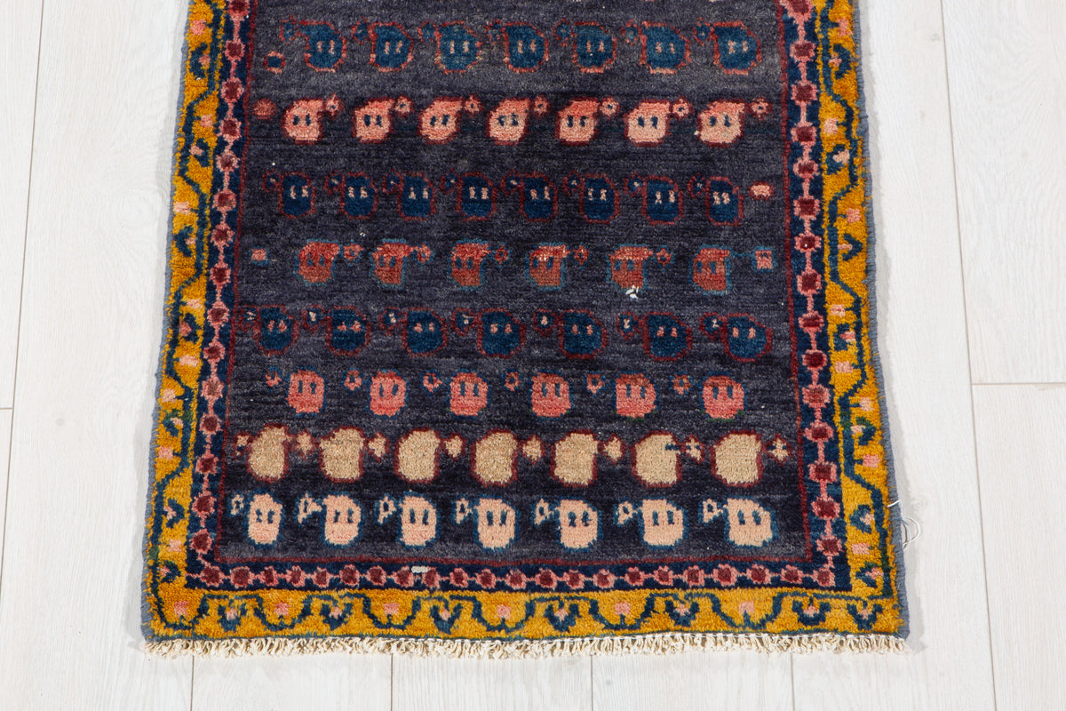 Small Vintage Navy Blue, Yellow Rug – 2' 5" x 1' 10" (73 x 55 cm)