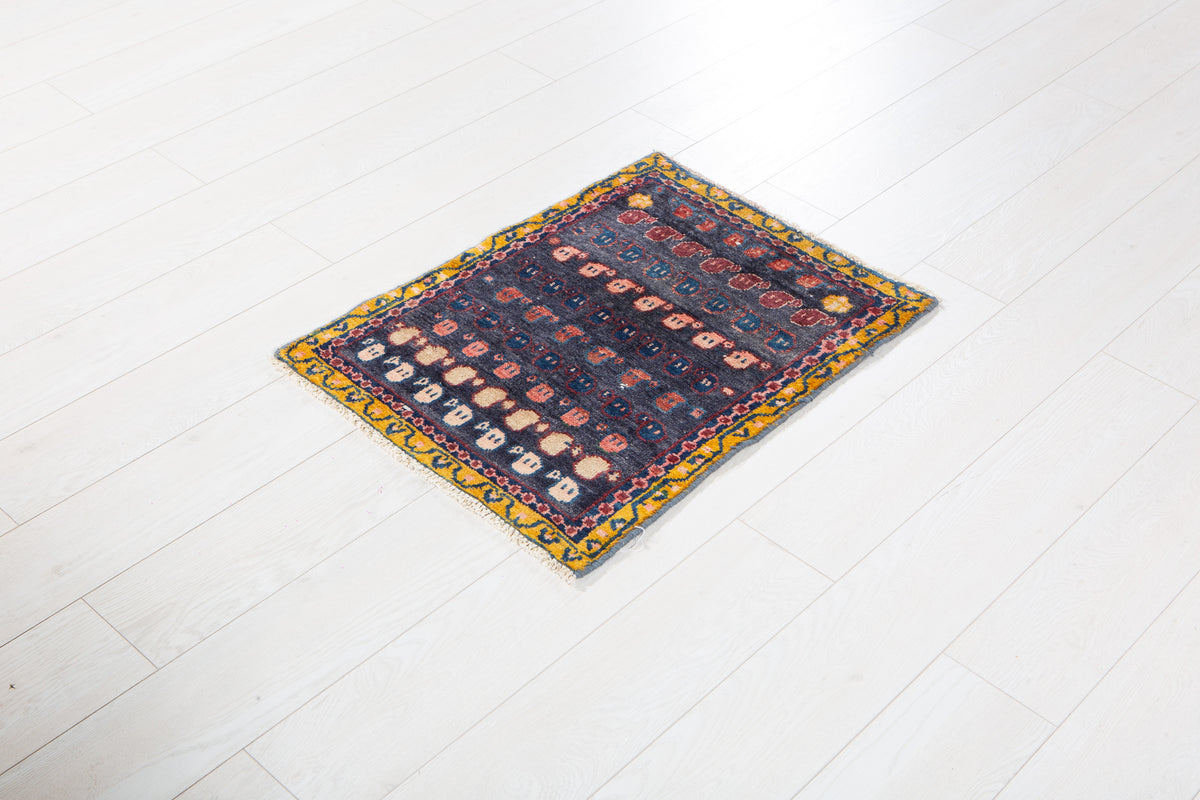 Small Vintage Navy Blue, Yellow Rug – 2' 5" x 1' 10" (73 x 55 cm)