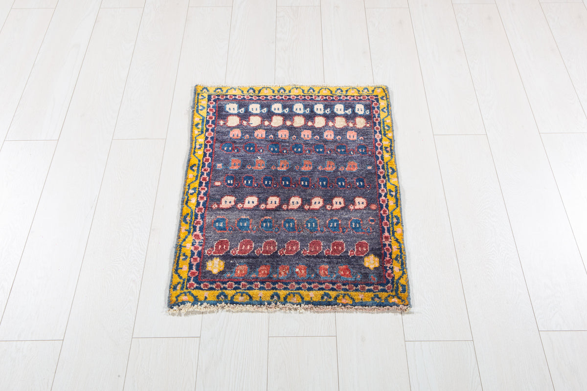 Small Vintage Navy Blue, Yellow Rug – 2' 5" x 1' 10" (73 x 55 cm)