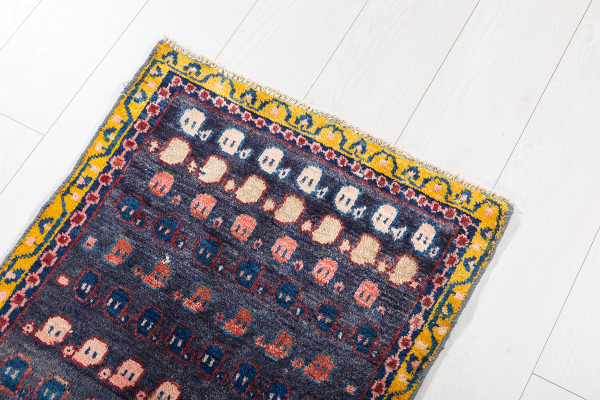 Small Vintage Navy Blue, Yellow Rug – 2' 5" x 1' 10" (73 x 55 cm)