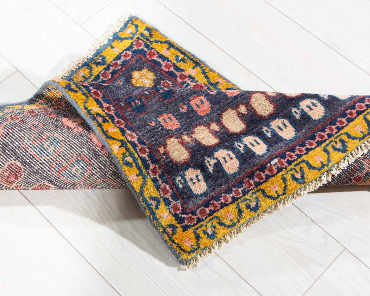 Small Vintage Navy Blue, Yellow Rug – 2' 5" x 1' 10" (73 x 55 cm)