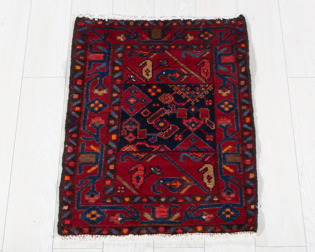 Small Antique Red and Navy Blue Rug – 2' 8" x 1' 11" (82 x 59 cm)