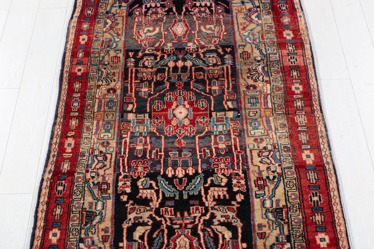 Antique Deep Navy Blue, Red and Brown Area Rug – 9' 7" x 3' 8" (292 x 113 cm)