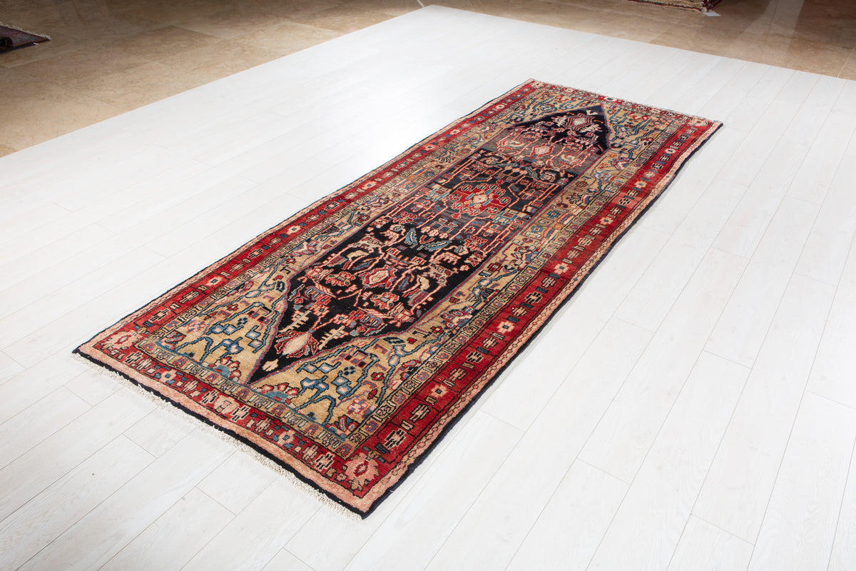 Antique Deep Navy Blue, Red and Brown Area Rug – 9' 7" x 3' 8" (292 x 113 cm)