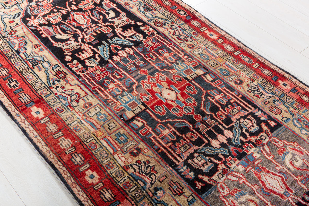 Antique Deep Navy Blue, Red and Brown Area Rug – 9' 7" x 3' 8" (292 x 113 cm)