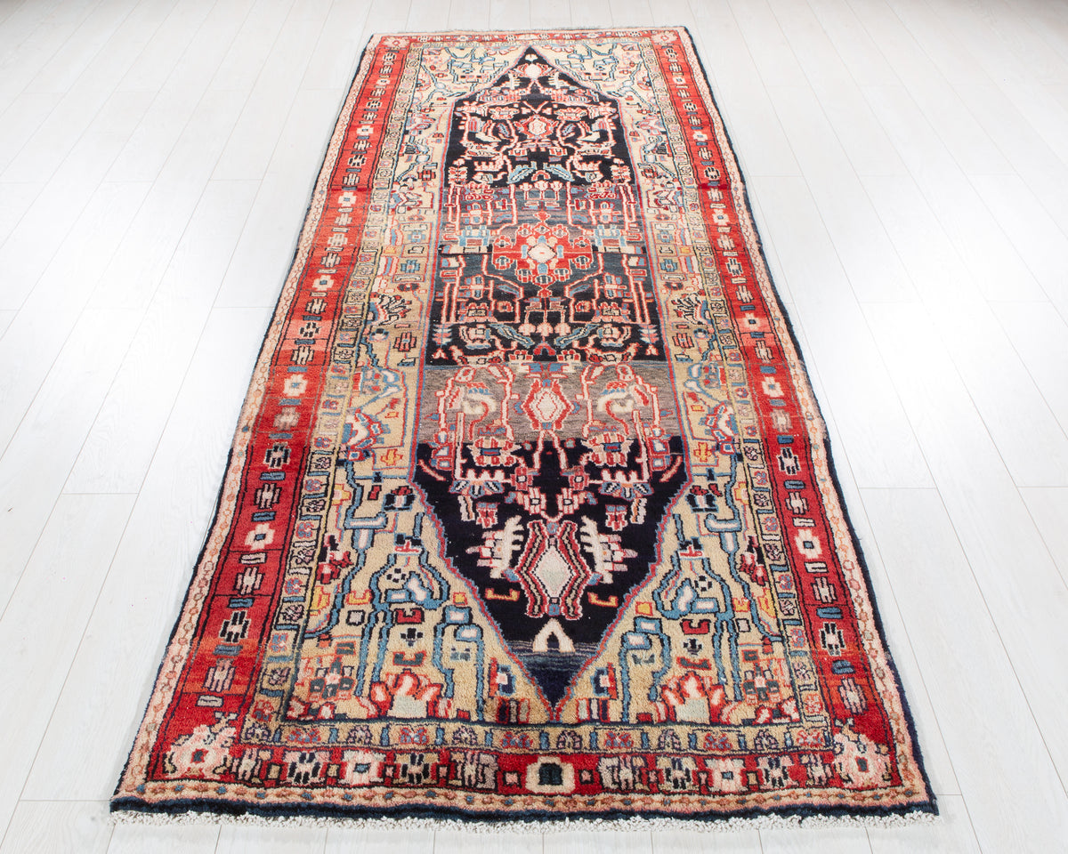 Antique Deep Navy Blue, Red and Brown Area Rug – 9' 7" x 3' 8" (292 x 113 cm)