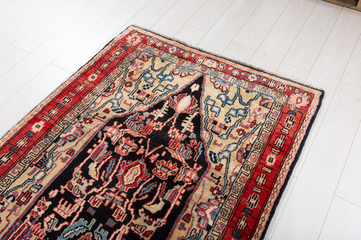Antique Deep Navy Blue, Red and Brown Area Rug – 9' 7" x 3' 8" (292 x 113 cm)
