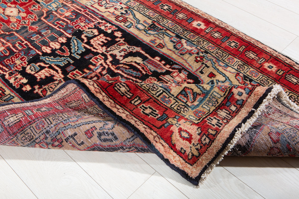 Antique Deep Navy Blue, Red and Brown Area Rug – 9' 7" x 3' 8" (292 x 113 cm)