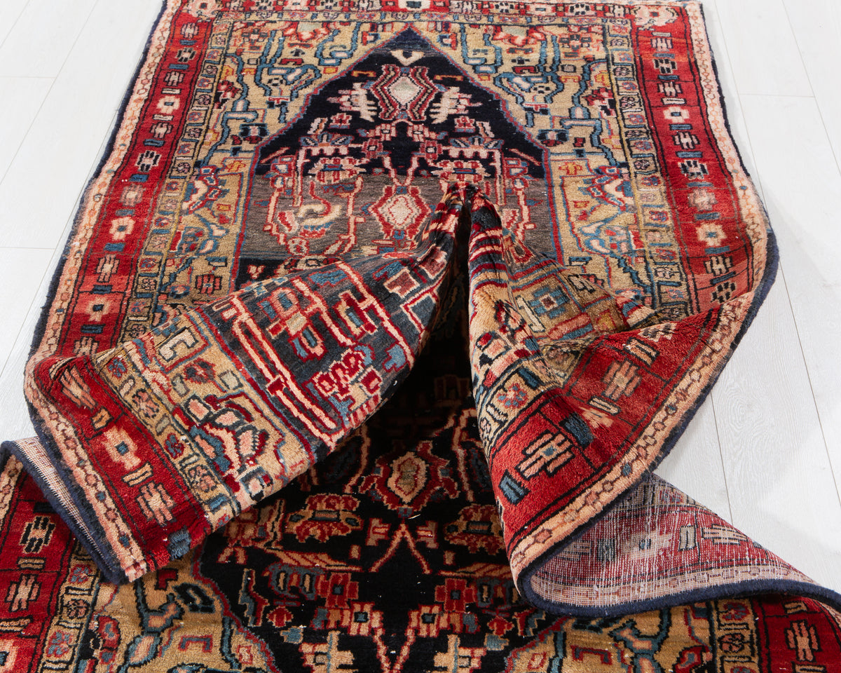 Antique Deep Navy Blue, Red and Brown Area Rug – 9' 7" x 3' 8" (292 x 113 cm)