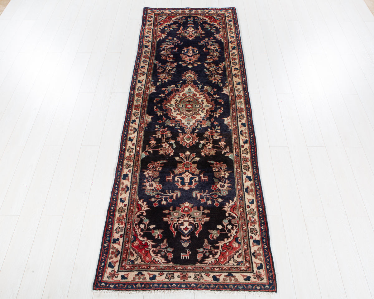 Vintage Deep Navy Blue Geometric Runner Rug – 10' 4" x 3' 5" (314 x 105 cm)